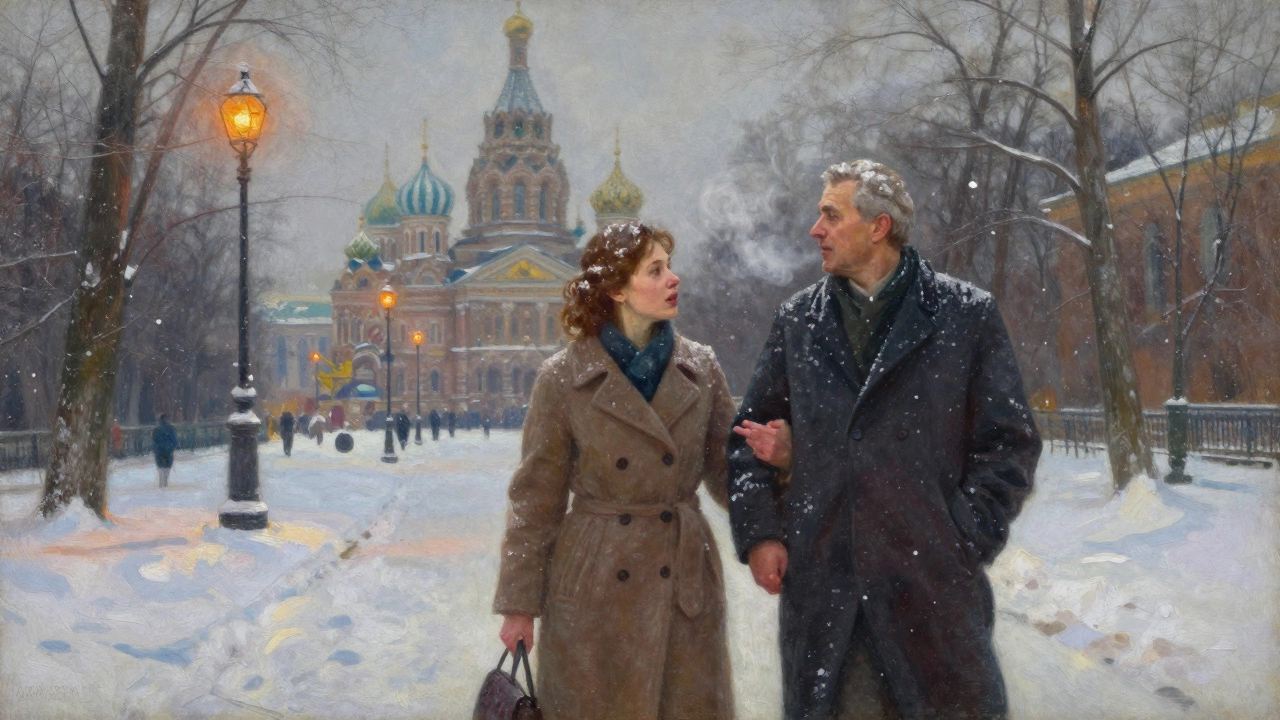 A woman and man walk together through a snowy St. Petersburg park at dusk, sharing quiet companionship.