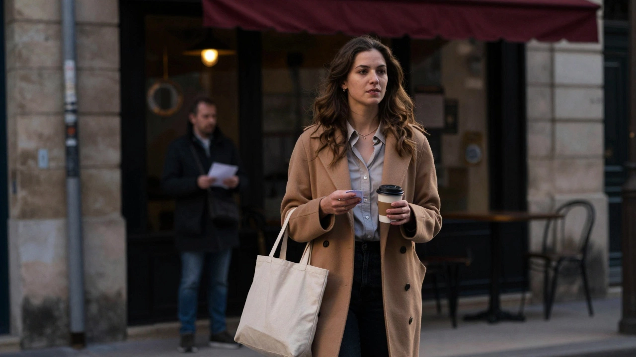 A woman walking through the quiet streets of Le Marais at dusk, carrying a coffee cup, with a figure waiting under a café awning.