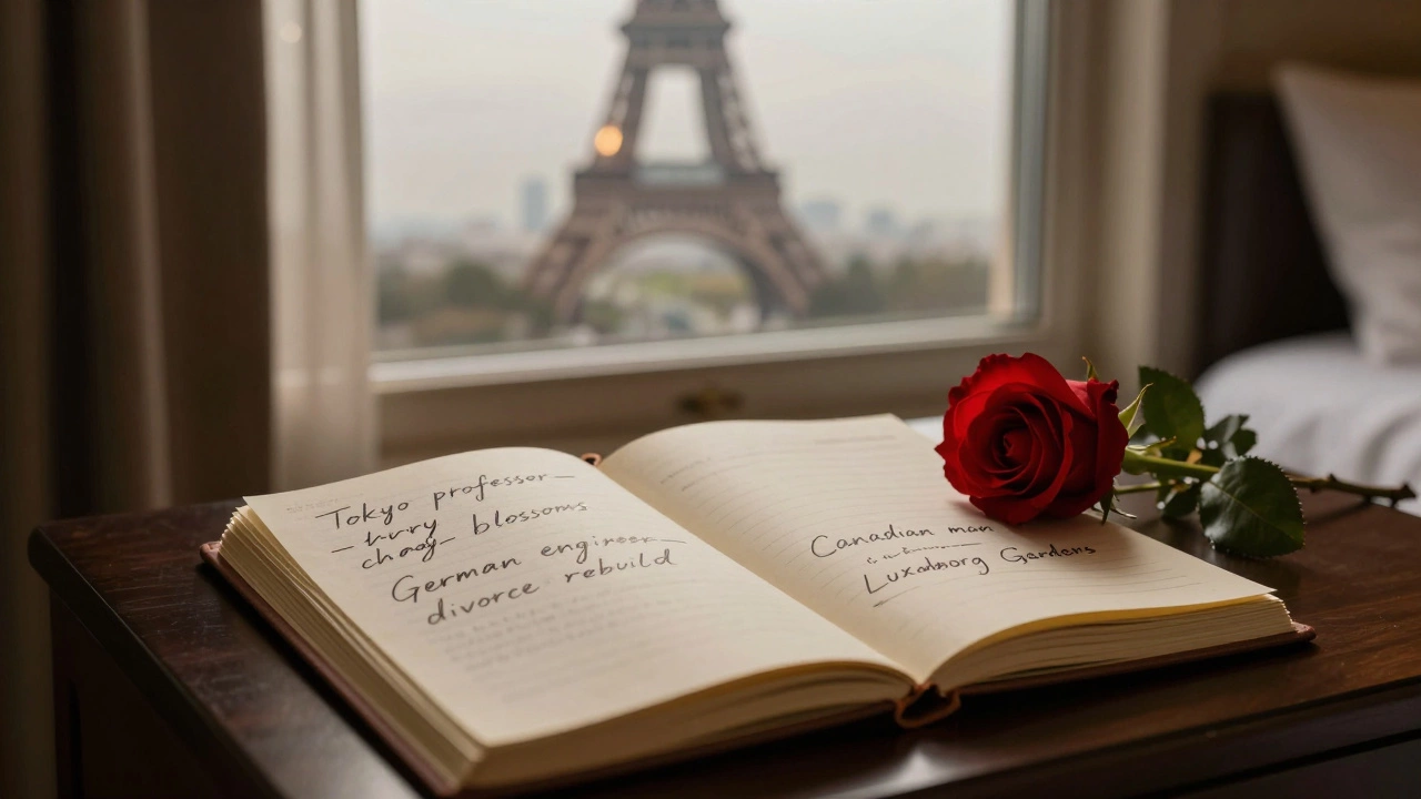 An open notebook on a hotel bedside table with handwritten notes and a single red rose beside it.