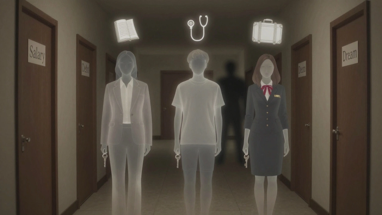Three translucent women stand in a hallway, each holding a key symbolizing their different life paths and choices.